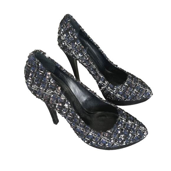 Tory Burch Academia Tweed Platform Closed Toe Stiletto Heels 7 Navy Blue New - Picture 1 of 6